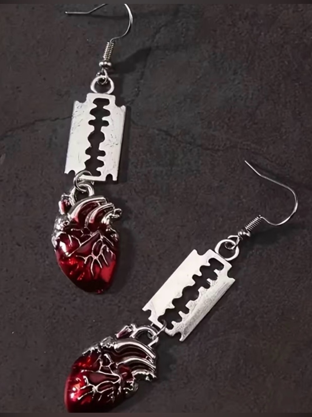 Silver Razor Blade Earrings with Red Anatomical Heart Drops